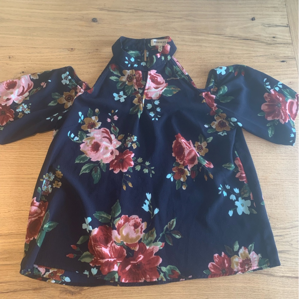 Monteau Floral Cut Out Halter Top Blue Women’s Medium Preloved